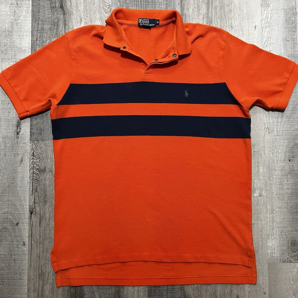 VTG Polo Ralph Lauren Snap Collar Orange Striped Shirt Preppy Golf Preppy